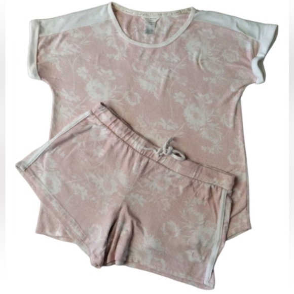 LUCKY BRAND 2PC Pajama Set Women M Pink Floral Shorts Top Short Sleeves Lounge - Picture 1 of 8